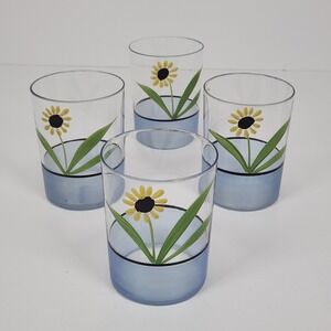 Vintage Hand Painted‎ Drinking Glasses Daisy Flowers 3.5" Juice Glasses Set Of 4